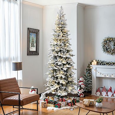 LuxenHome 7.5ft Pre-lit Flocked Artificial Christmas Tree With Pine Cones