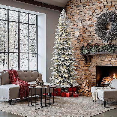 LuxenHome 7.5ft Pre-lit Flocked Artificial Christmas Tree With Pine Cones
