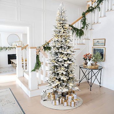LuxenHome 7.5ft Pre-lit Flocked Artificial Christmas Tree With Pine Cones