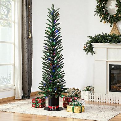 LuxenHome 5.5ft Pre-lit Green Artificial Tree With Tophat Pot