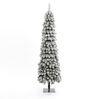 LuxenHome 6ft Pre-lit Flocked Pencil Artificial Christmas Tree