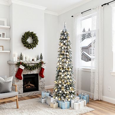 LuxenHome 6ft Pre-lit Flocked Pencil Artificial Christmas Tree