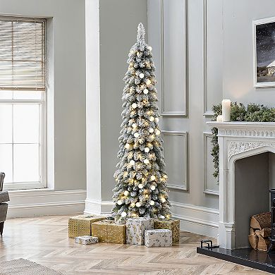 LuxenHome 6ft Pre-lit Flocked Pencil Artificial Christmas Tree