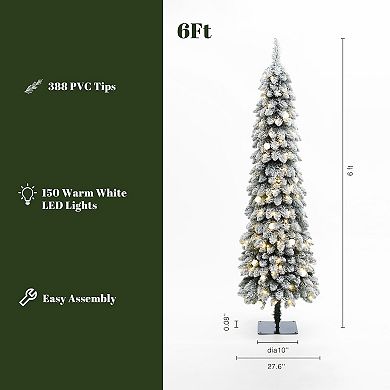 LuxenHome 6ft Pre-lit Flocked Pencil Artificial Christmas Tree