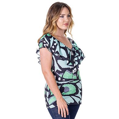 Women's 24Seven Comfort Apparel Butterfly Ruffle V Neck Top