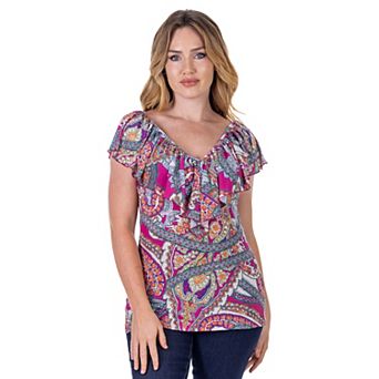 Women's 24Seven Comfort Apparel Paisley Print Ruffle V Neck Top