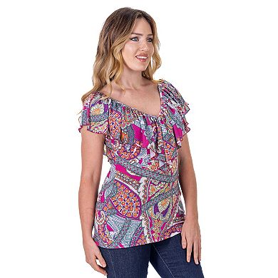 Women's 24Seven Comfort Apparel Paisley Print Ruffle V Neck Top