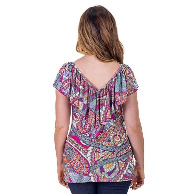 Women's 24Seven Comfort Apparel Paisley Print Ruffle V Neck Top