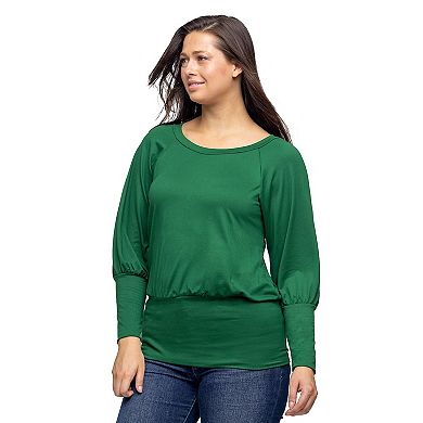 Women's 24Seven Comfort Apparel Round Neck Long Blouson Sleeve Banded Bottom Top
