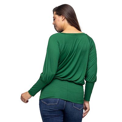 Women s 24Seven Comfort Apparel Round Neck Long Blouson Sleeve Banded Bottom Top