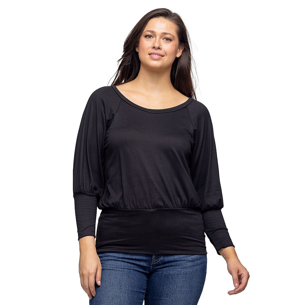Women's 24Seven Comfort Apparel Round Neck Long Blouson Sleeve Banded ...