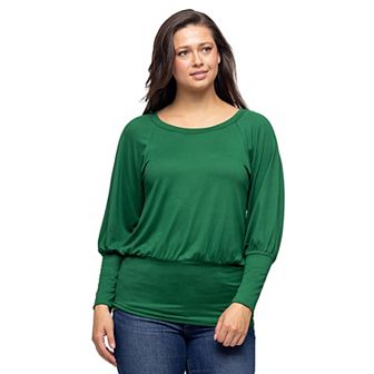Women's 24Seven Comfort Apparel Round Neck Long Blouson Sleeve Banded Bottom Top