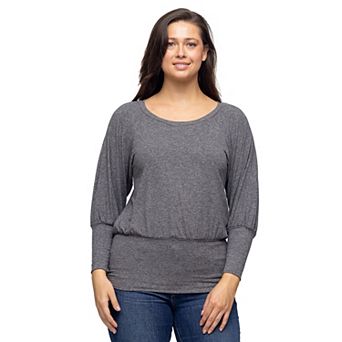Women's 24Seven Comfort Apparel Round Neck Long Blouson Sleeve Banded Bottom Top