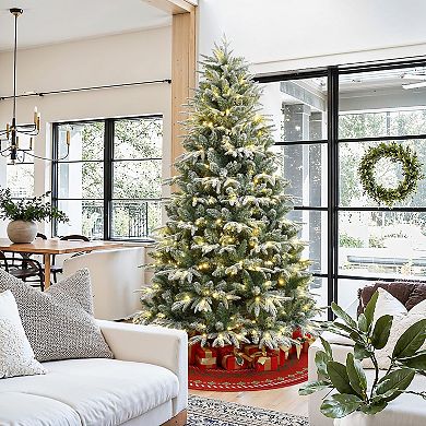 LuxenHome 7ft Pre-lit Flocked Fraser Fir Full Artificial Christmas Tree