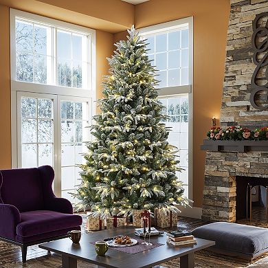 LuxenHome 7ft Pre-lit Flocked Fraser Fir Full Artificial Christmas Tree