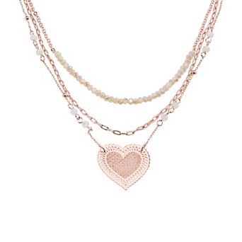 LC Lauren Conrad Rose Gold Tone 3 Row Filigree Heart Pendant Necklace