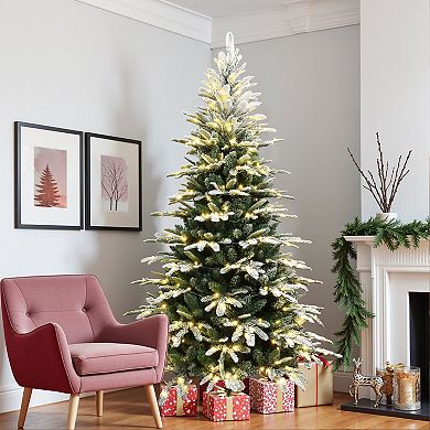 LuxenHome 7ft Pre-lit Flocked Fraser Fir Slim Artificial Christmas Tree