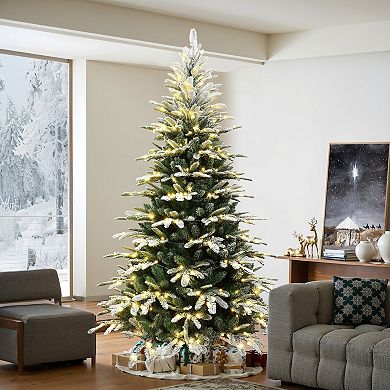 LuxenHome 7ft Pre-lit Flocked Fraser Fir Slim Artificial Christmas Tree