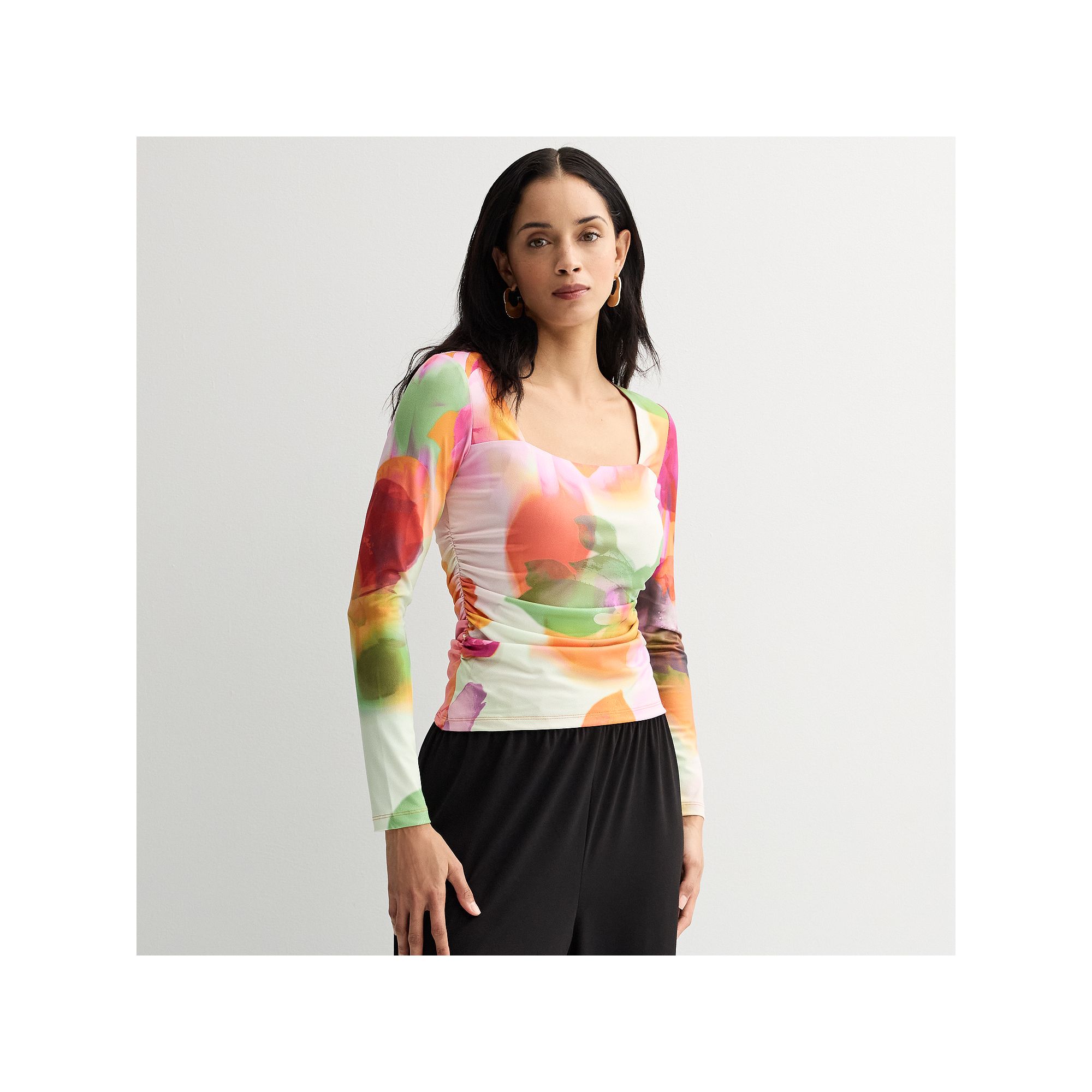 Womens INTEMPO™ Square Neck Long Sleeve Top, Size: XS, Pink Garden