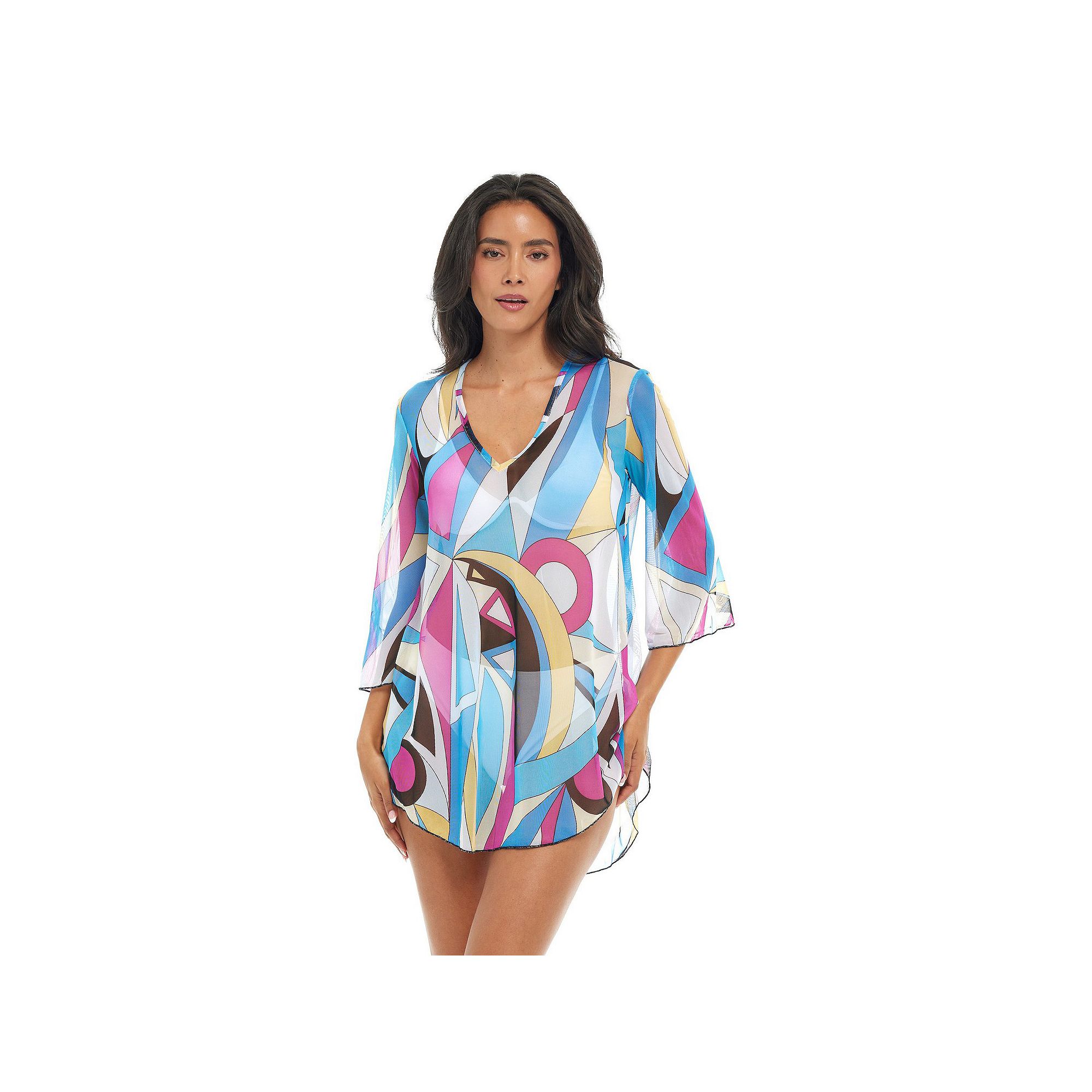 Womens Jordan Taylor Printed V-Neck Tunic Swim Cover Up, Size: Small, Blue