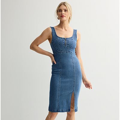 new look denim bodycon dress Olenna Mini Dress - High Neck Fitted Denim Dress in Indigo Wash