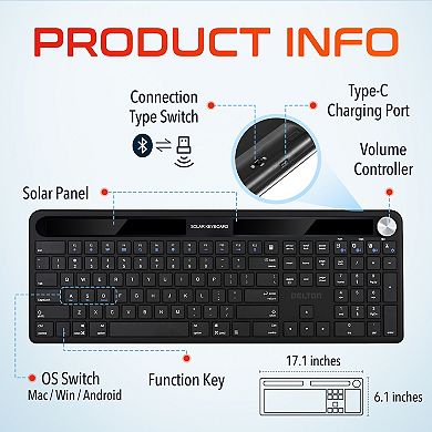 Delton KB90 Wireless Solar (Light-Powered) Rechargeable Keyboard, No Batteries (DKBSLR90)