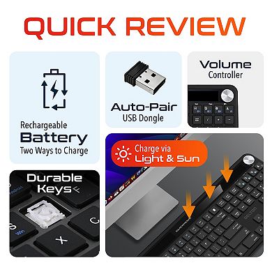 Delton KB90 Wireless Solar (Light-Powered) Rechargeable Keyboard, No Batteries (DKBSLR90)