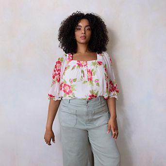 Plus Size LC Lauren Conrad Henley Squareneck Peasant Top