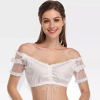 Womens Lace Sleeve Oktoberfest Blouse V Neck Tie Front Short Sleeve Cropped Tops For Dirndl