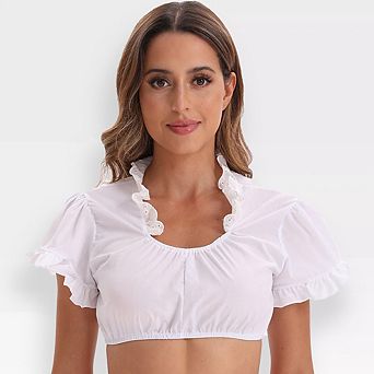 Womens Lace Sleeve Oktoberfest Blouse V Neck Tie Front Short Sleeve Cropped Tops For Dirndl