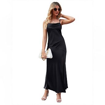 Womens Satin Tube Bodycon Spaghetti Strap Wedding Guest Tight Slit Maxi Dress Cocktail Dress
