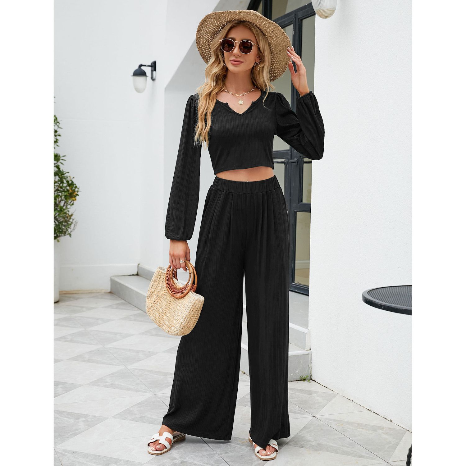 Inspire Chic Women's Knit Matching Sweatsuits Tops And Wide Leg Pants 2 Piece Outfits Sets Beige X-Small