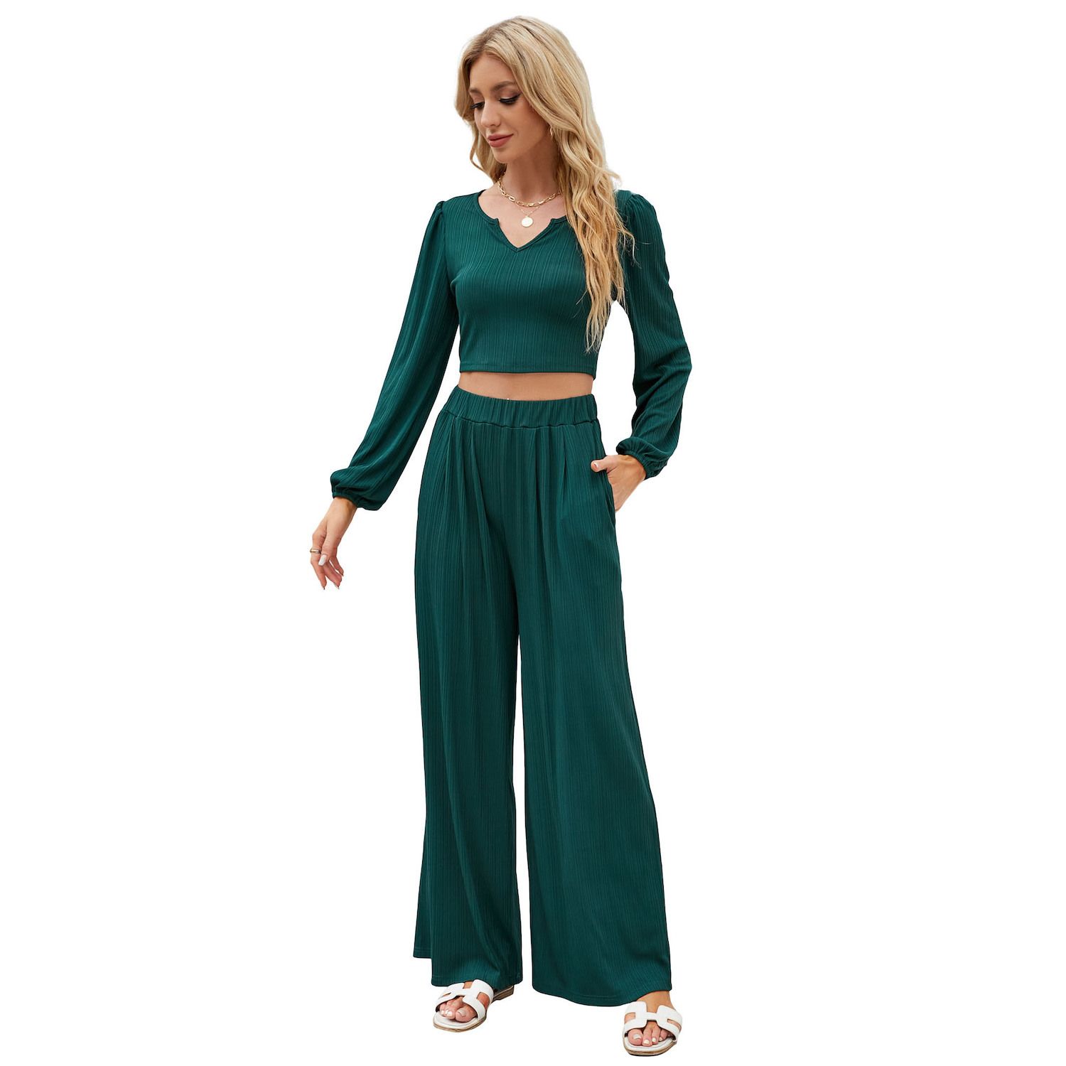 Women's Ribbed Knit Lounge Set - 2 Piece Pajama Set With Long Sleeve Top & Pocket Pants