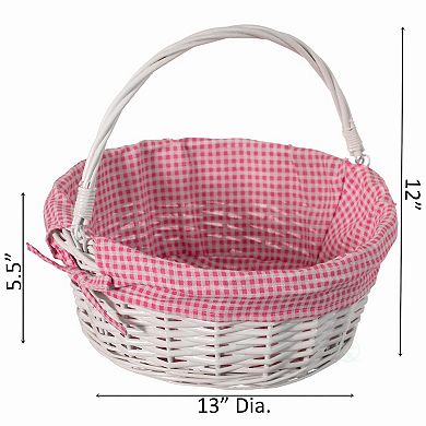 Round Willow Gift Basket with Pink and White Gingham Liner and Sturdy Foldable Handles, Medium