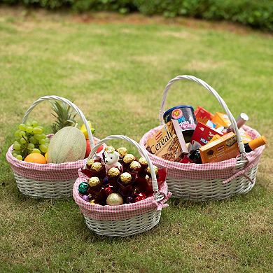 Round Willow Gift Basket with Pink and White Gingham Liner and Sturdy Foldable Handles, Medium