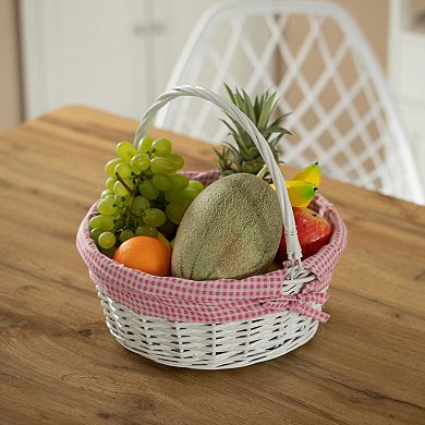 Round Willow Gift Basket with Pink and White Gingham Liner and Sturdy Foldable Handles, Medium