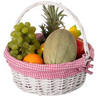 Round Willow Gift Basket with Pink and White Gingham Liner and Sturdy Foldable Handles, Medium