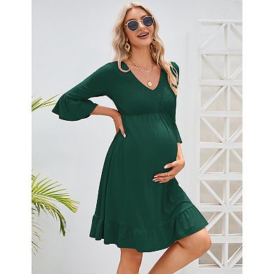 Womens Maternity Dress V Neck 3/4 Ruffled Sleeve High Waist Shirred Summer Dress For Baby Shower