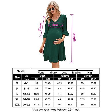 Womens Maternity Dress V Neck 3/4 Ruffled Sleeve High Waist Shirred Summer Dress For Baby Shower
