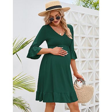 Womens Maternity Dress V Neck 3/4 Ruffled Sleeve High Waist Shirred Summer Dress For Baby Shower
