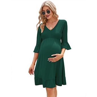 Womens Maternity Dress V Neck 3/4 Ruffled Sleeve High Waist Shirred Summer Dress For Baby Shower