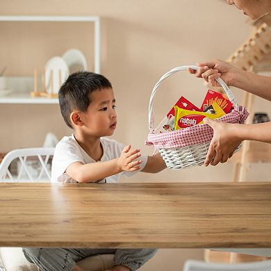 Round Willow Gift Basket with Pink and White Gingham Liner and Sturdy Foldable Handles, Large