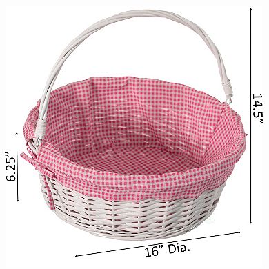 Round Willow Gift Basket with Pink and White Gingham Liner and Sturdy Foldable Handles, Large