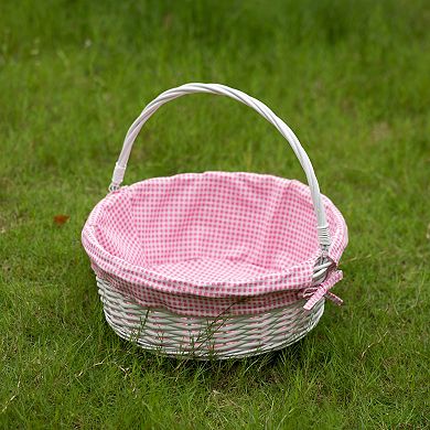 Round Willow Gift Basket with Pink and White Gingham Liner and Sturdy Foldable Handles, Large