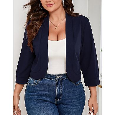 Plus Size Blazers for Women Open Front 3/4 Sleeve Ruffled Hem Work Jackets Cardigan