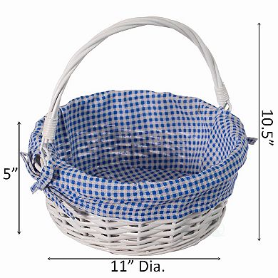 Round Willow Gift Basket with Blue and White Gingham Liner and Sturdy Foldable Handles, Small