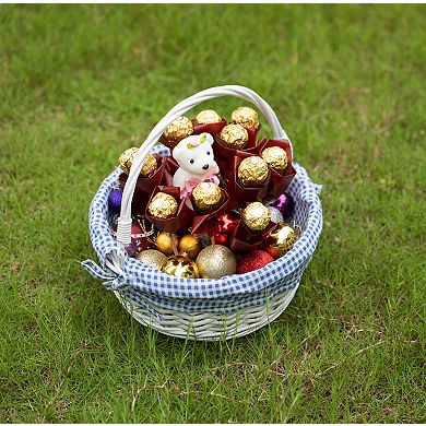 Round Willow Gift Basket with Blue and White Gingham Liner and Sturdy Foldable Handles, Small
