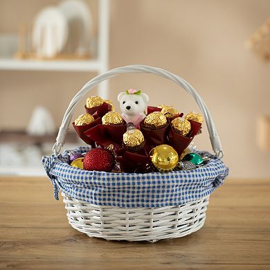 Round Willow Gift Basket with Blue and White Gingham Liner and Sturdy Foldable Handles, Small