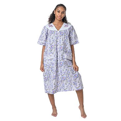 Women's Short Sleeve Woven Snap-front Closure Housecoat Duster Lounge Nightgown Robe