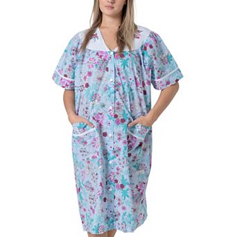 Women's Short Sleeve Woven Snap-front Closure Housecoat Duster Lounge Nightgown Robe